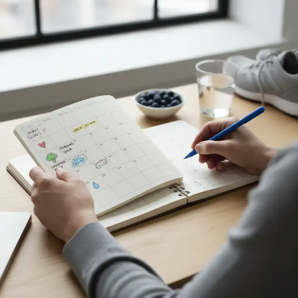 Person organizing a daily planner for health goals