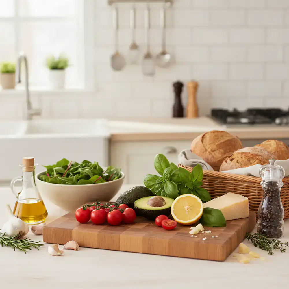 Fresh ingredients arranged neatly on a kitchen counter
