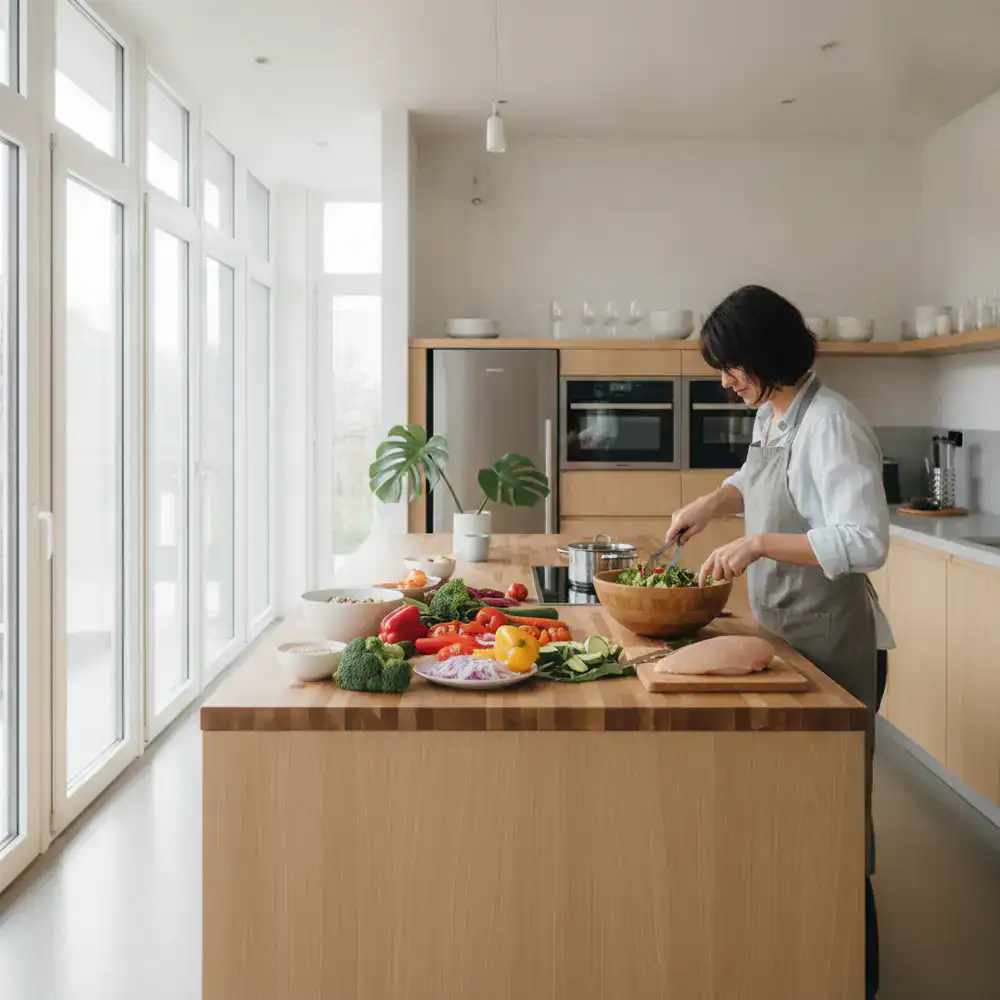 Person preparing a healthy meal in a bright, modern kitchen