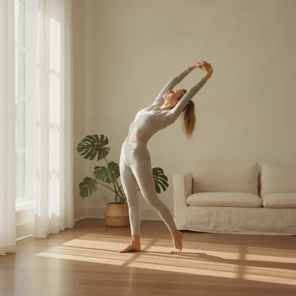 Woman doing a light morning stretch in a sunlit room