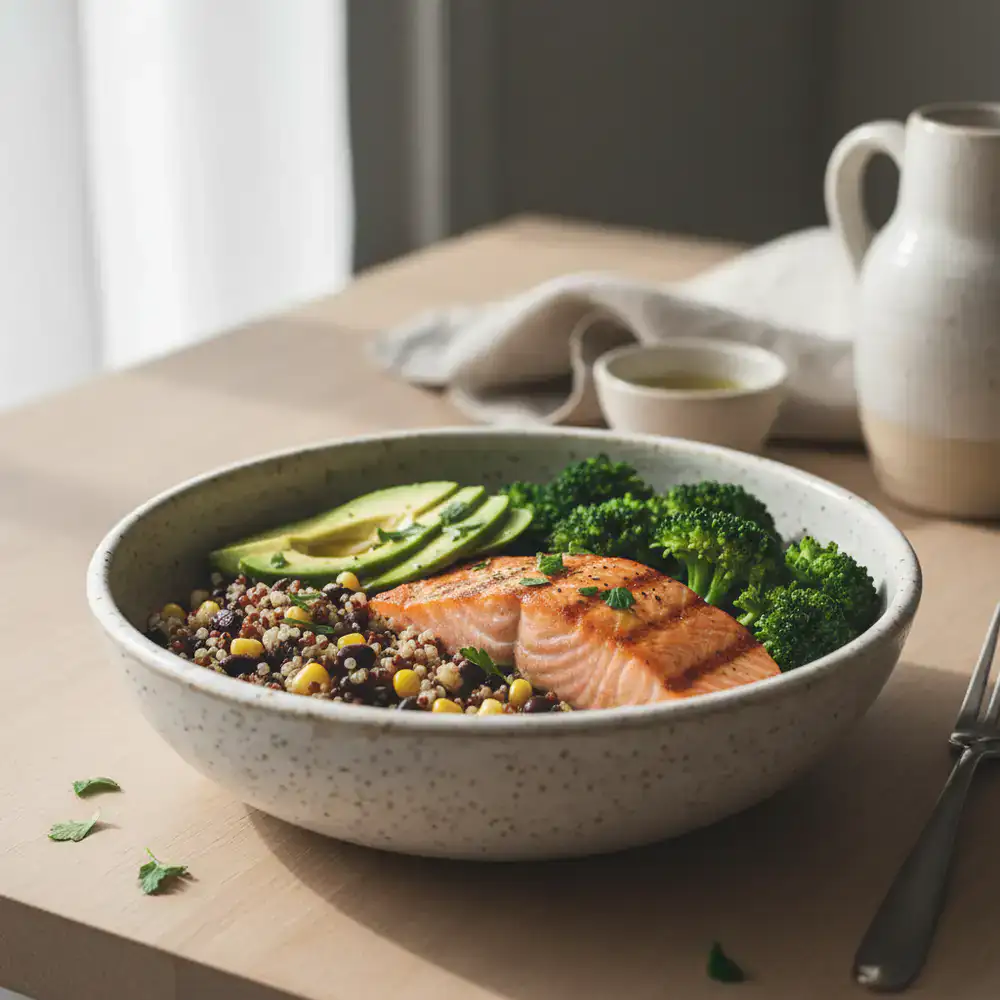 A perfectly portioned balanced meal in a ceramic bowl