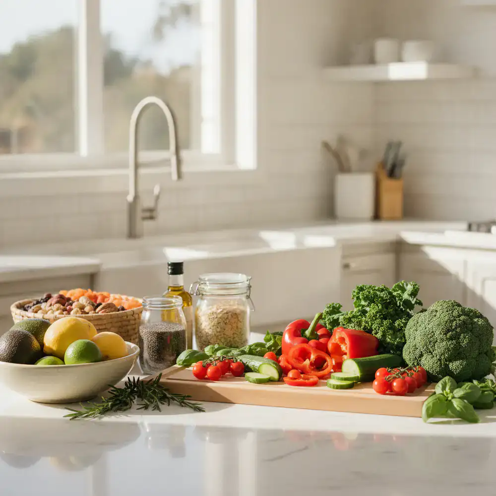 A bright kitchen counter with fresh vegetables and healthy ingredients laid out