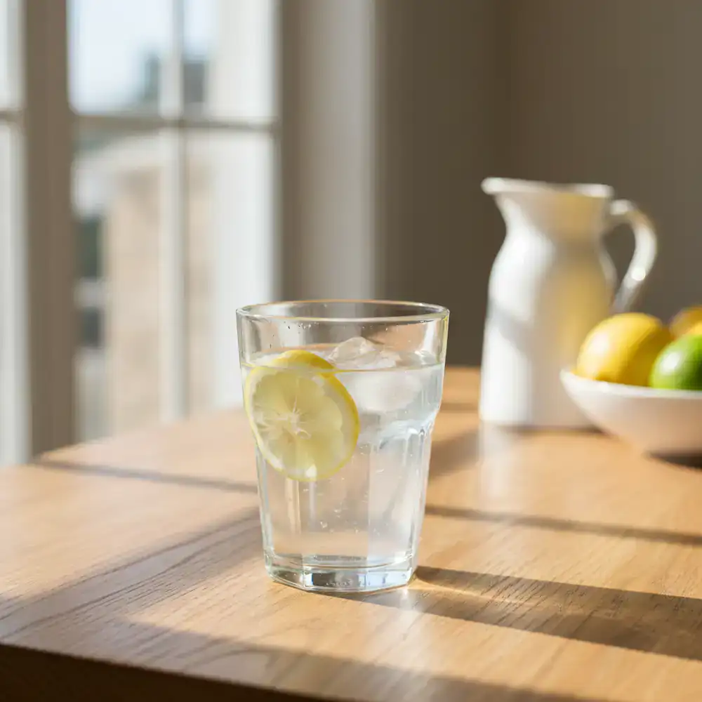 A clean glass of water with fresh lemon slices on a wooden table