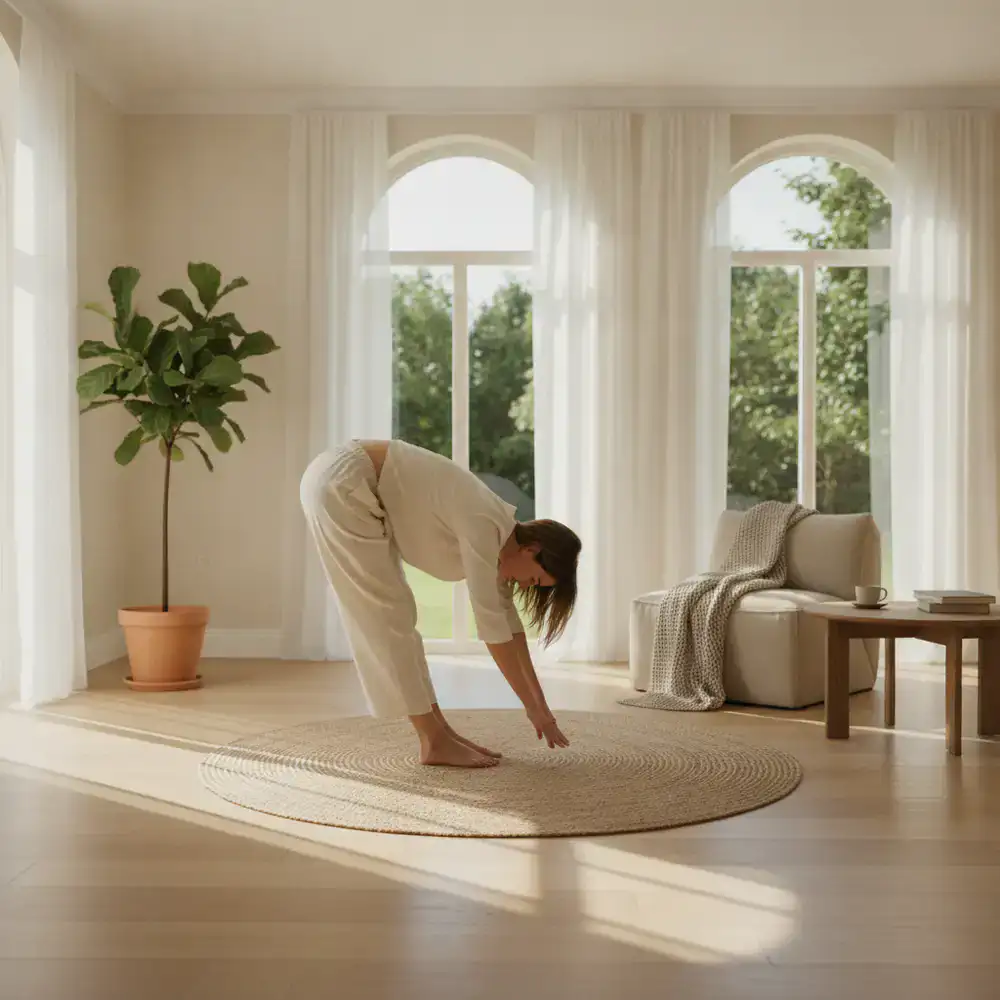 A person performing gentle morning stretches in a bright, calm room