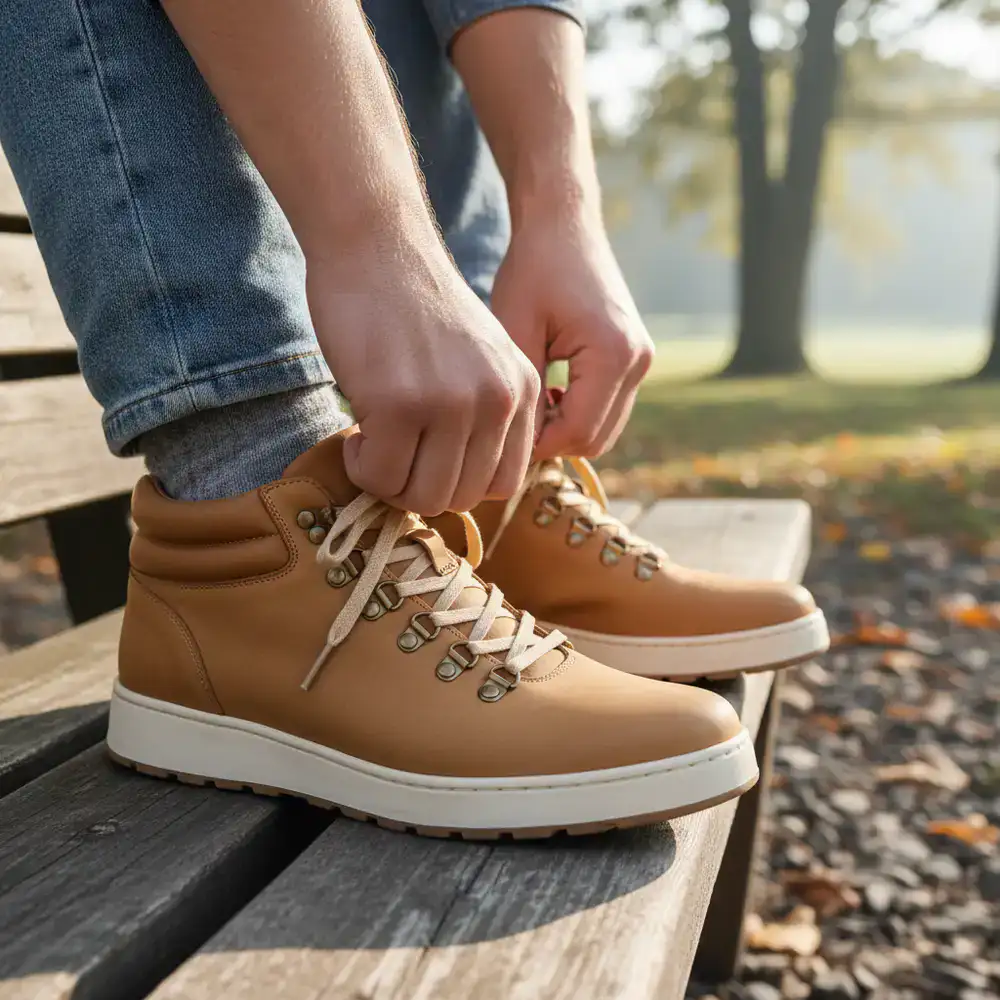 Close up of a person lacing up comfortable walking shoes